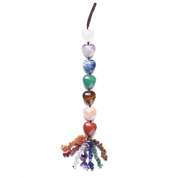 Mixed Stone Chakra Hanging Ornament, Reiki Tumbled Gemstone Window Ornament, with Nylon Cord, Heart, 315mm