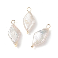 Creamy White Natural Keshi Pearl Pendants, Rhombus Charm, Cultured Freshwater Pearl, with Real 18K Gold Plated Brass Loops, Creamy White, 22.5~24.5x10~10.5x5~5.5mm, Hole: 2~2.5mm