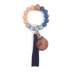 Steel Blue Silicone Beaded Wristlet Keychain, with Imitation Leather Tassel and Word Mama Board, for Women Car Key or Bag Decoration, Steel Blue, 20cm