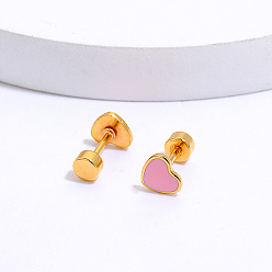 Flamingo Heart Stainless Steel Stud Earring, with Enamel, Real 18K Gold Plated, Flamingo, 6x6mm