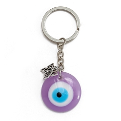 Thistle Alloy Keychains, with Plastic Flat Round Evil Eye Pendants, Thistle, 8.5x3cm