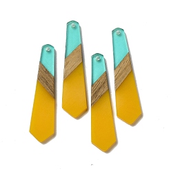 Yellow Opaque Resin & Walnut Wood Pendants, Hexagon Tie Charms, Yellow, 49x12x3mm, Hole: 2mm