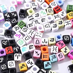 Mixed Color 240Pcs 6 Style Opaque Acrylic European Beads, Large Hole, Cube with Constellation/Zodiac Sign, Mixed Color, 7x7x7mm, Hole: 3.5~4mm