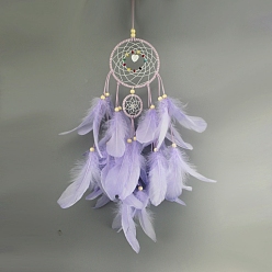 Lilac Iron Woven Net/Web with Feather Pendant Decotations, with Dyed Feather & Wood Beads, & Faux Suede Cord, Wall Hanging Ornament for Car, Home Decor, Flat Round with Flower, Lilac, 500mm, Ring: 110mm in diameter
