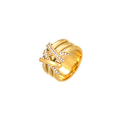 Кристалл Золотые широкие кольца из нержавеющей стали со стразами, кристалл, размер США 7 (17.3 мм)