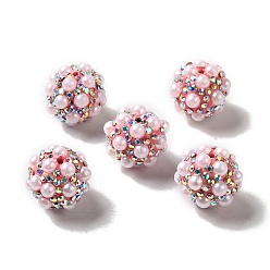 Pink Polymer Clay Rhinestone Beads, with Imitation Pearl, Round, Pink, 17~17.5mmx17mm, Hole: 1.6mm