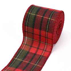 Red Polyester Imitation Linen Ribbon, Linen Wired Edge Ribbon, Tartan Pattern, for DIY Crafts, Christmas, Wedding, Home Decoration, Red, 2-3/8 inch(60mm), 5m/roll(5.5 yards/roll)