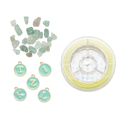 Green 26Pcs Flat Round Initial Letter A~Z Alphabet Enamel Charms, 20G Natural Green Aventurine Chip Beads and Elastic Thread, for DIY Jewelry Making Kits, Green, Alphabet Enamel Charms: 26pcs/set, 1 set