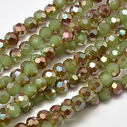 Light Green Faceted(32 Facets) Round Half Rainbow Plated Imitation Jade Electroplate Glass Beads Strands, Light Green, 4mm, Hole: 1mm, about 100pcs/strand, 14.9 inch