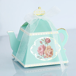 Turquoise Teapot Foldable Creative Paper Gift Box, Flower Pattern Candy Box with Ribbon, Decorative Gift Box for Wedding, Turquoise, 8.5x8.5x10.5cm