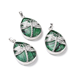 Malachite Synthetic Malachite Pendants, with Platinum Tone Brass Findings, Lead Free & Cadmium Free, Teardrop with Dragonfly Charms, 40~40.5x26~26.5x9~9.5mm, Hole: 5x7mm