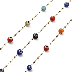 Colorful Evil Eye Lampwork Beaded Link Chains, with Golden 304 Stainless Steel Paperclip Chains, Soldered, with Spool, Colorful, 6mm, 2mm, about 32.81 Feet(10m)/Roll