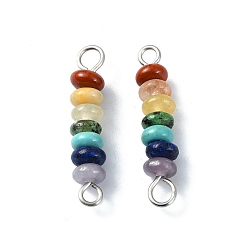 Platinum 7 Chakra Gemstone Beaded Connector Charms, Rondelle Links with 304 Stainless Steel Findings, Mixed Dyed and Undyed, Platinum, 24x5mm, Hole: 1.8~2.5mm