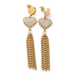 Golden Vacuum Plating Rhinestone Heart Dangle Stud Earrings, 304 Stainless Steel Chains Tassel Earrings, Golden, 75x16mm