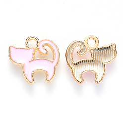 Pink Alloy Enamel Charms, Cat Shape, Light Gold, Pink, 13x13x2mm, Hole: 1.8mm