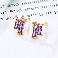 Dark Orchid Cubic Zirconia Rectangle Stud Earrings, Golden 925 Sterling Silver Post Earrings, with 925 Stamp, Dark Orchid, 8.5x5.8mm