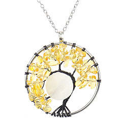 Citrine Natural Citrine Chips Tree of Life Pendant Necklaces, Brass Wire Wrap Necklace with Alloy Chains, 20.47 inch(52cm)