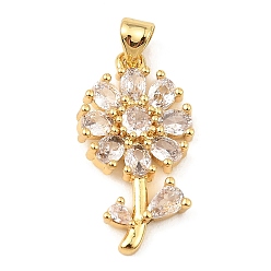 Clear Real 18K Gold Rack Plating Brass Micro Pave Cubic Zirconia Pendants, Long-Lasting Plated, Cadmium Free & Lead Free, Flower Charms, Clear, 24.5x13.5x3.5mm, Hole: 3.5x4.5mm