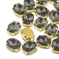Black Diamond Sew on Rhinestone, Multi-strand Links, Glass Rhinestone, with Brass Prong Settings, Garments Accessories, Faceted, Oval, Golden, Black Diamond, 14x10x6.5mm, Hole: 1mm