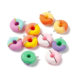 Mixed Color Two Tone Opaque Imitation Food Resin Pendants, with Platinum Tone Iron Loops, Donut Charms, Mixed Color, 27x25.5x10.5mm, Hole: 2mm