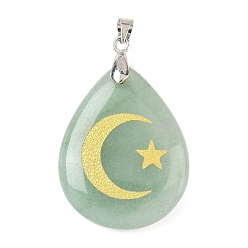 Зеленый Авантюрин Естественный зеленый авантюрин подвески, с реечной обшивкой латунными выводами, без кадмия и без свинца, подвеска в виде капли, луны и звезды, 31x25x5~7 мм, отверстие : 4.5x4 мм