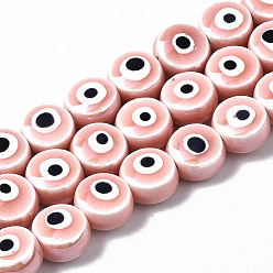 Pink Handmade Porcelain Ceramic Beads Strands, Bright Glazed Porcelain, Flat Round with Evil Eye, Pink, 8x5mm, Hole: 1.5mm, about 40pcs/strand, 12.01 inch(30.5cm)