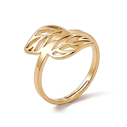 Real 18K Gold Plated Ion Plating(IP) 201 Stainless Steel Hollow Out Leaf Adjustable Ring for Women, Real 18K Gold Plated, US Size 6(16.5mm)