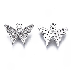 Platinum Brass Micro Pave Clear Cubic Zirconia Charms, Butterfly, Platinum, 11x13.5x1.5mm, Hole: 1.2mm
