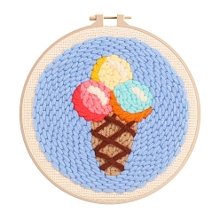 Colorful Ice Cream Pattern Punch Embroidery Beginner Kits, including Embroidery Fabric & Hoop & Yarn, Punch Needle Pen, Threader, Instruction, Colorful, 150mm