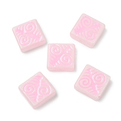 Pink Выпечка окрашенные стеклянные бусины, квадрат с рунами, с эмалью, розовые, 18x18x6~6.5 мм, отверстие : 1.4 мм