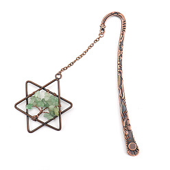 Green Aventurine Natural Green Aventurine Chip Beaded Tree of Life in Star of David Pendant Bookmark, Red Copper Plated Alloy Hook Bookmark, 120mm