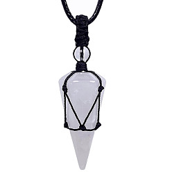 Quartz Crystal Natural Quartz Crystal Cone Pendant Necklaces, Wax String Macrame Pouch Necklace, 20.08~31.50 inch(51~80cm)
