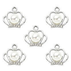 Платина Сплава кристалла горный хрусталь подвески, с имитацией жемчуга из абс-пластика с бусинами, корона прелести, платина, 17.5x18x8.5 мм, отверстие : 2.5 мм