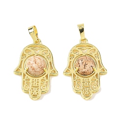 Пейзажный Джаспер Естественного изображения яшмы подвески, латунные полые хамса ручные амулеты, стойки покрытие, без кадмия и без свинца, золотые, 33x22x6.5 мм, отверстие : 7.5x5 мм