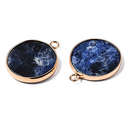 Sodalite Natural Sodalite Pendants, with Golden Plated Brass Edge and Loop, Flat Round, 25x21x3.5mm, Hole: 2mm