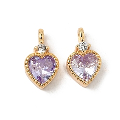 лаванда Латунные микро проложить кубического циркония прелести, сердце, реальный 18 k позолоченный, лаванда, 12.5x7x4.5 мм, отверстие : 1.6 мм