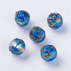 Dodger Blue Handmade Silver Foil Lampwork Beads, with Gold Sand, Round, Dodger Blue, 12mm, Hole: 1mm