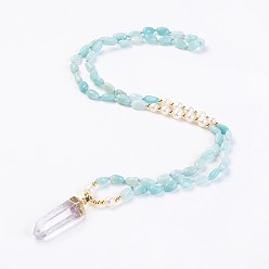 Amazonite Natural Amazonite and Natural Quartz Crystal Pendant Necklaces, with Pearl and Brass Findings, Bullet, 31.5 inch~32.3 inch(80~82cm), Pendant: 45~55x15x10mm