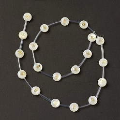 Hamsa Hand Cuentas de concha de perla natural hebras, con láminas de latón y esmalte, color de concha, plano y redondo, Patrón de mano hamsa, 8.5x3.2 mm, agujero: 0.7 mm, sobre 20 unidades / cadena, 15.55'' (39.5 cm)