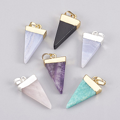 Mixed Stone Natural Mixed Stone Pendants, with Brass Findings, Triangle, Dyed & Heated, 27~29x12~13x4~5mm, Hole: 4x6mm