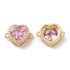 Pearl Pink Rack Plating Brass Cubic Zirconia Connector Charms, Cadmium Free & Lead Free, Long-Lasting Plated, Real 18K Gold Plated, Heart, Pearl Pink, 10x13x5mm, Hole: 1mm