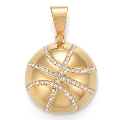 Golden 304 Stainless Steel Pendants, with Crystal Rhinestone, Basketball, Golden, 33.5x30x12mm, Hole: 6.5x12mm