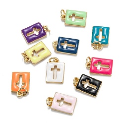 Mixed Color Brass Enamel Charms, Real 18K Gold Plated, Long-Lasting Plated, Rectangle with Cross, Mixed Color, 14.5x9.5x2mm, Hole: 3mm, Jump Ring: 5x0.8mm