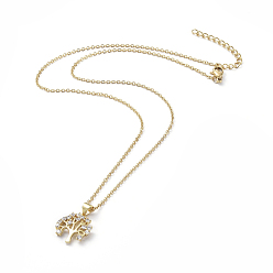 Golden 304 Stainless Steel Chain Necklaces, with Brass Micro Pave Cubic Zirconia Pendants, Tree, Golden, 17.8 inch(45.4cm)