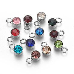 Mixed Color Glass Rhinestone Charms, Birthstone Charms, with Stainless Steel Color Tone 201 Stainless Steel Findings, Flat Round, Mixed Color, 10x6x5mm, Hole: 2mm