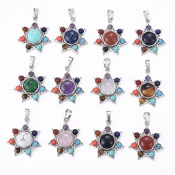 Mixed Stone Chakra Jewelry, Natural Mixed Gemstone Pendants, with Brass Findings, Glass & Synthetic Turquoise, Natural Amethyst & Lapis Lazuli & Tiger Eye & Carnelian, Sacred Geometry, Flower, Platinum, 30~30.5x27.5x8.5~9mm, Hole: 8x5mm