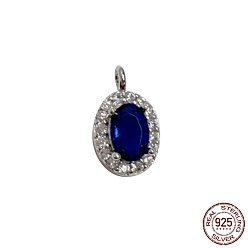 Real Platinum Plated Rhodium Plated 925 Sterling Silver Pendants, with Dark Blue Cubic Zirconia, Oval Charm, Real Platinum Plated, 11.7x7x4mm, Hole: 1.6mm