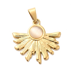 Antique White Resin Imitation Cat Eye Pendants, Ion Plating(IP) Golden Plated 304 Stainless Steel Fan Charms, Antique White, 25x26x4mm, Hole: 7.5x3.5mm