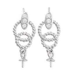 Real Platinum Plated Rhodium Plated 925 Sterling Silver Micro Pave Cubic Zirconia Stud Earring Findings, with Pinch Bails and S925 Stamp, for Half Drilled Beads, Real Platinum Plated, 14x7.5mm, Pin: 11x0.6mm