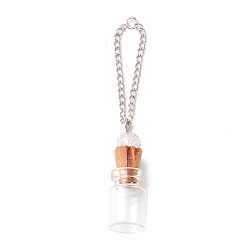 Clear Empty Perfume Bottle Pendants, with Cork Stopper & Brass Chain, Platinum Iron Findings, Clear, 70mm, Link Wide: 2mm, Bottle: 12mm Wide, 35mm Long, 12mm Thick,  Inner Diameter: 6mm.